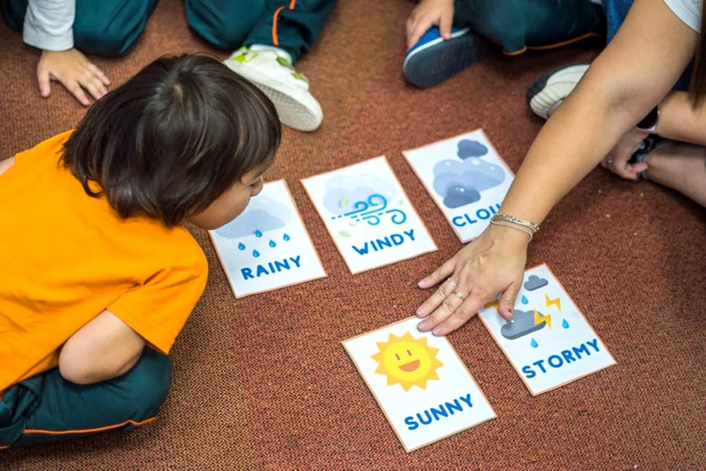 Niños aprendiendo vocabulario del clima en inglés con tarjetas